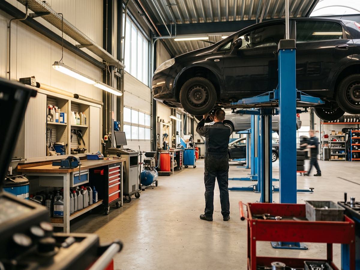 Auto op een hefbrug in een moderne werkplaats van een autobedrijf