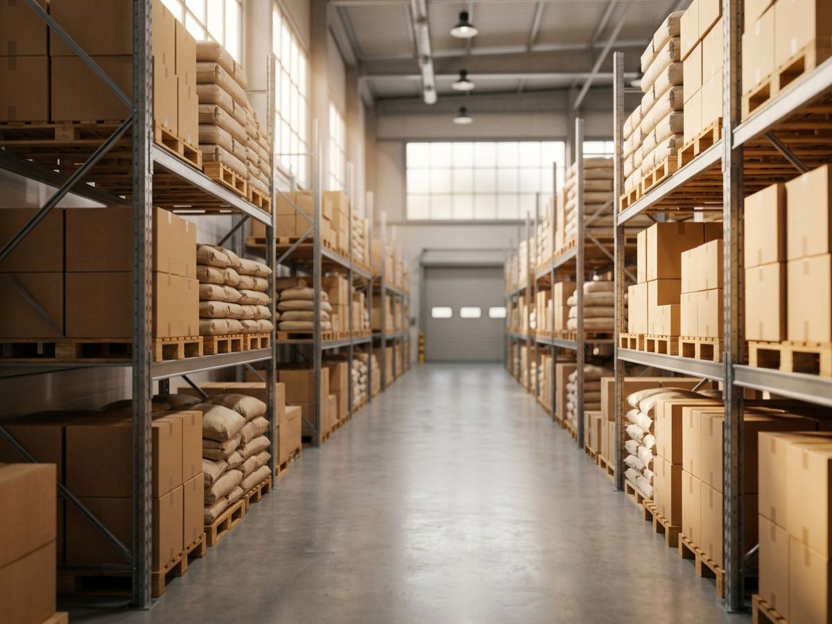Magazijn van een handelsbedrijf met stellingen vol voorraad