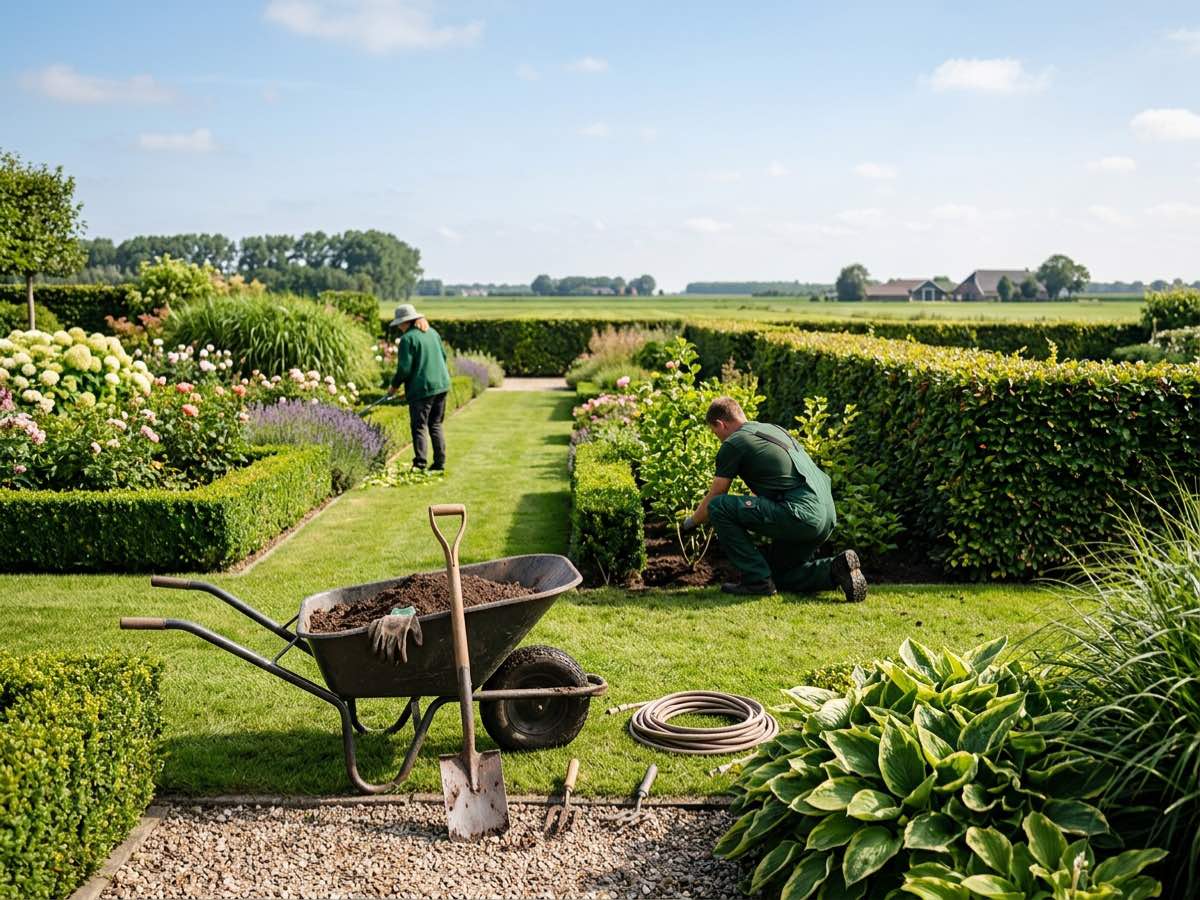 Verzorgde tuin met gereedschap van een hovenier in een Nederlandse omgeving