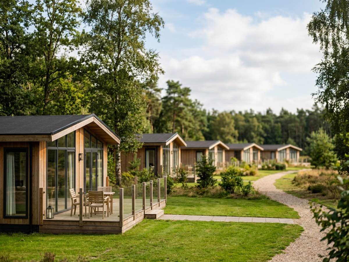 Vakantiehuisjes op een recreatiepark in een groene Nederlandse omgeving