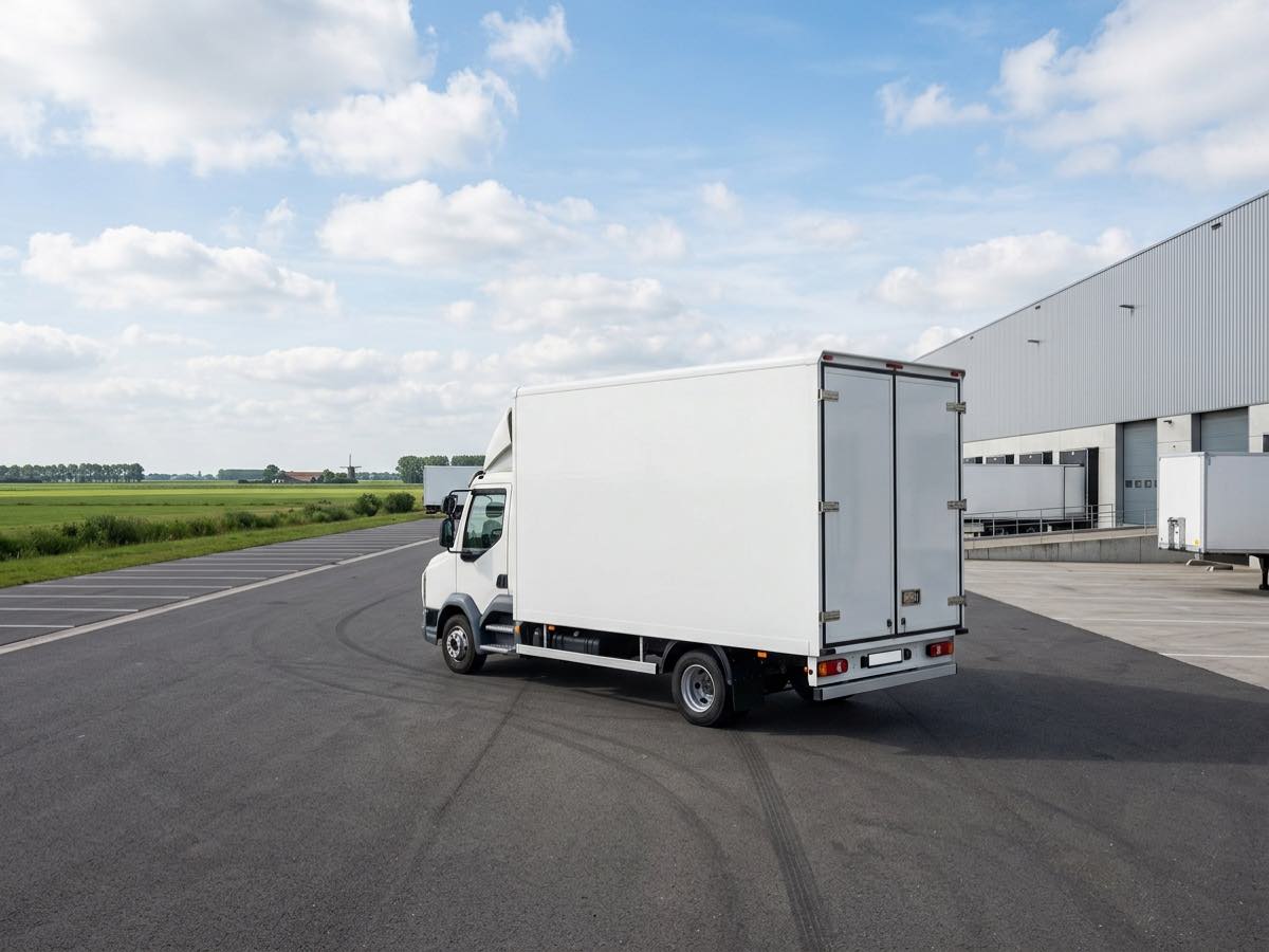 Vrachtwagen van een transportbedrijf op een Nederlands distributieterrein