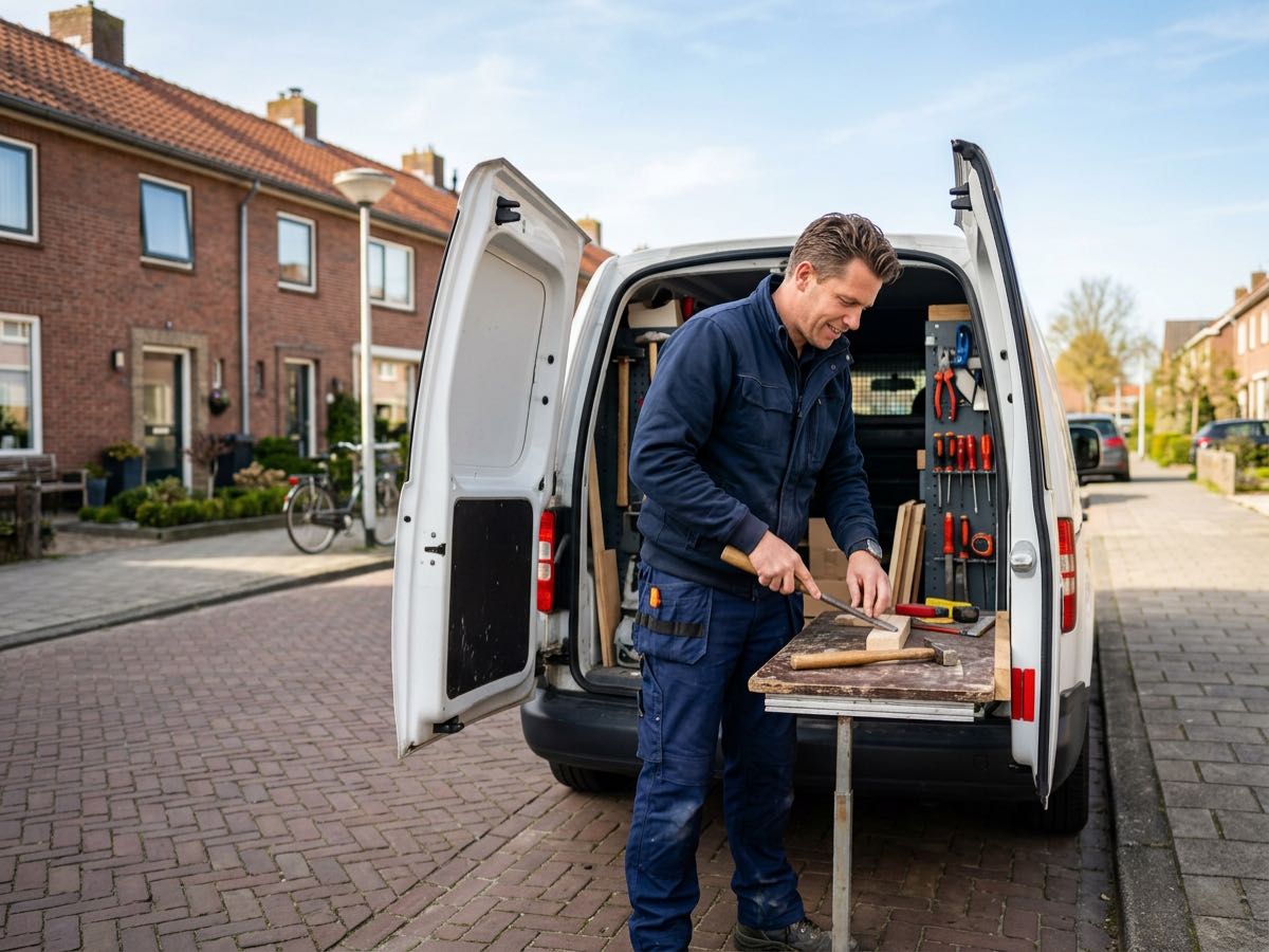 Zelfstandige vakman aan het werk bij zijn bus op een Nederlandse straat