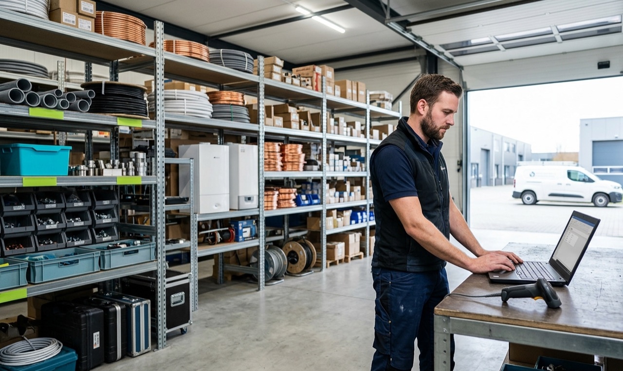 Medewerker van een technisch bedrijf werkt op een laptop in het magazijn