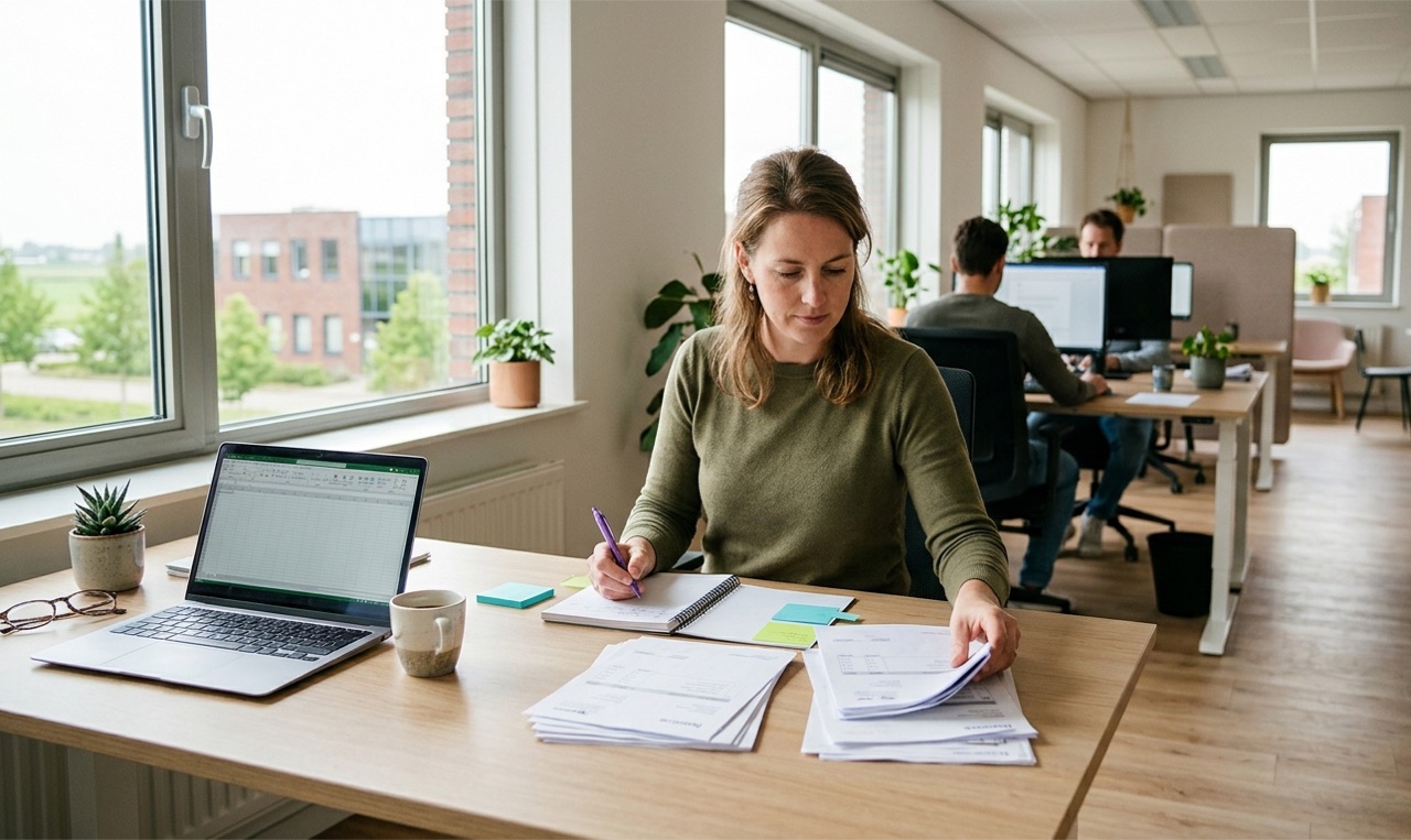 Ondernemer werkt op kantoor facturen en papierwerk bij